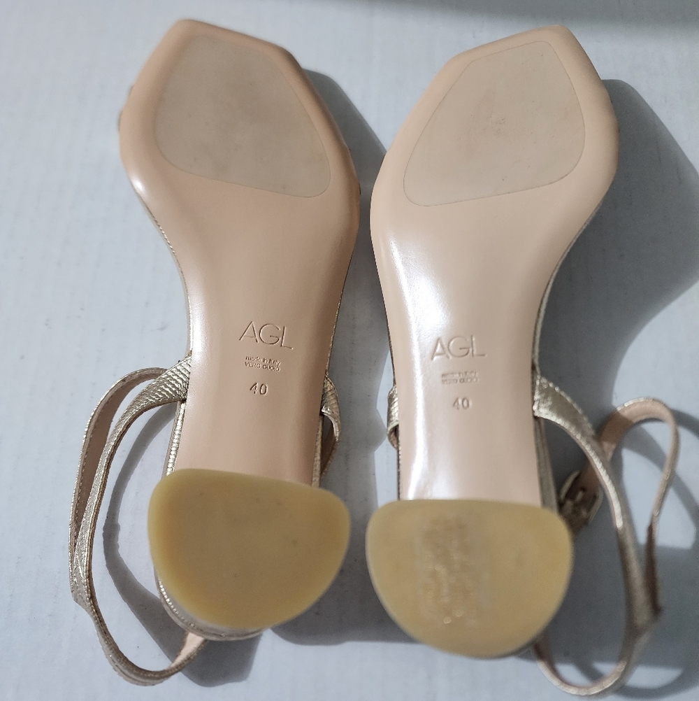 AGL Gold Metallic Block Heel Sandals Ankle Strap Designer Italy Size 10 - Picture 7 of 12
